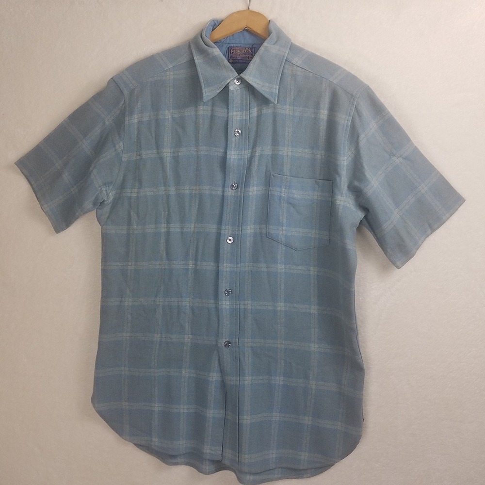 Pendleton Wool Shirt Mens Large Blue Plaid Short Sleeve Excellent Vintage USA